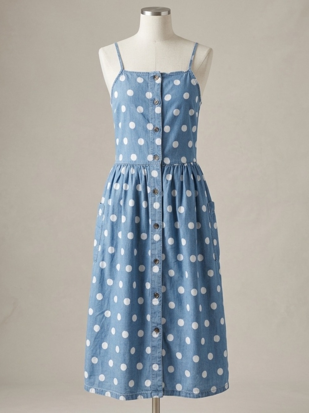 Arizona Girls Blue Chambray Polka Dot Button Down Sun Dress Pockets Size M 10 12